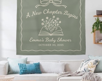 New Chapter Baby Shower Tapestry – Personalized Book Theme Party Backdrop with Name & Date