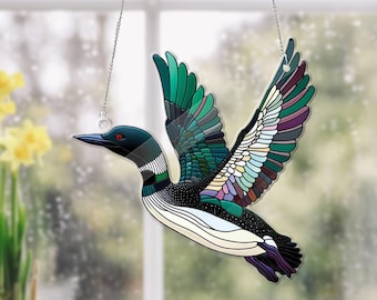 Loon Bird Acrylic Window Hanging: Faux Stained Glass Wall Art
