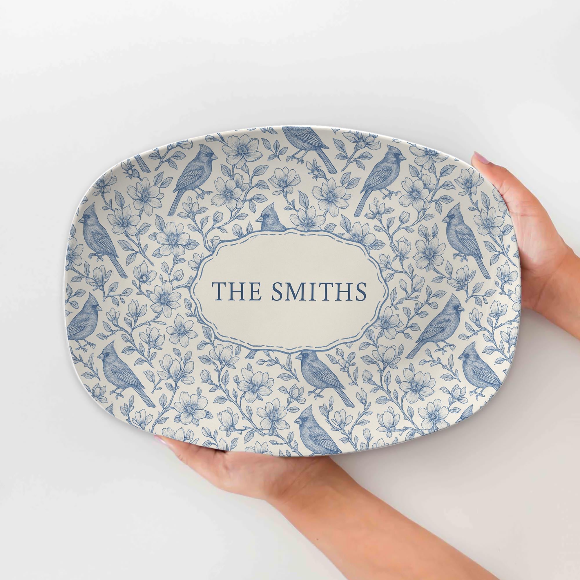Custom Cardinal Magnolia Platter | Toile de Jouy style Family Name Plate | Personalized Bird Floral Dish | Elegant Cottagecore Home Gift