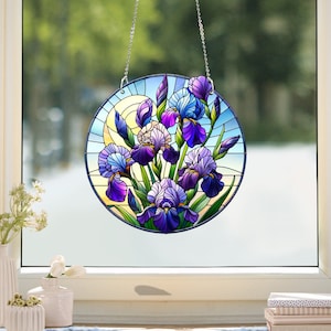 Iris Flower Faux Stained Glass Window Hanging: Acrylic Home Decor