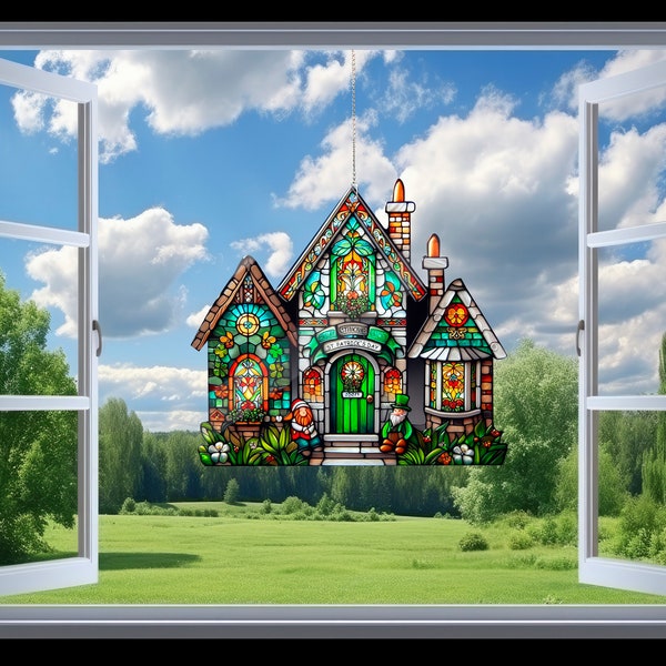 St. Patrick's Day House Faux Buntglas, von Buntglas inspirierte Kunst, St. Patrick's Day Dekor, Kleeblatt-Kranz-Schild