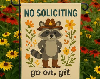 Funny No Soliciting Garden Flag – Cowboy Raccoon Yard Sign – Go On Git Outdoor Decor – Rustic Country Welcome Flag – Anti Solicitor Sign