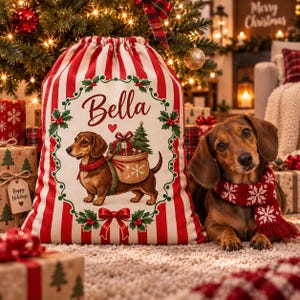 Può includere: Un sacco regalo con coulisse a righe verticali rosse, con l'illustrazione di un bassotto che trasporta un albero di Natale e regali, il nome Bella e una ghirlanda di agrifoglio. Un bassotto marrone con una sciarpa rossa a fiocchi siede accanto.