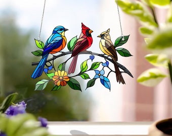 Acrylic Birds on Branch Window Hanging: Faux Stained Glass Art