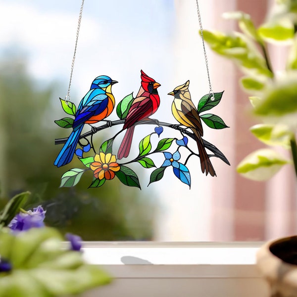 Accrochage de fenêtre en acrylique avec oiseaux sur une branche, cadeau pour les amateurs d'oiseaux, nerds d'oiseaux, cadeau de fête des mères, faux vitrail, PAS SUNCATCHER