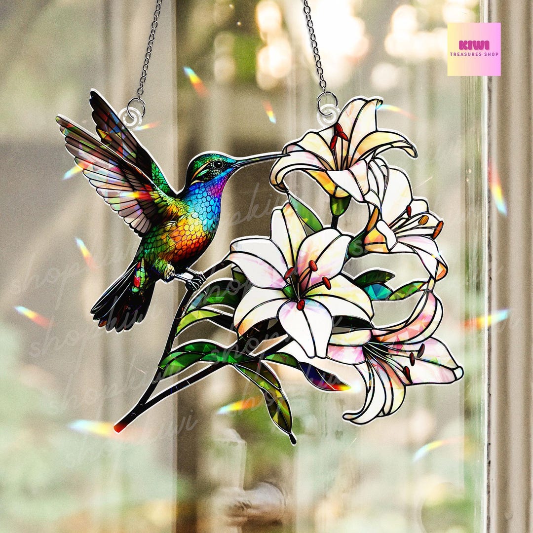 Hummingbird Lily Suncatcher | Holographic Acrylic Window Hanging ...