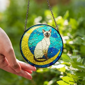 Cat On Moon Glass Suncatcher Hanging | Siamese Cat Ornament |  Siamese Cat Gift | Home Decor for Cat Lovers | Cat Mom Gift