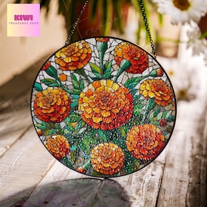 Marigold Flower Glass Suncatcher: Birth Month Window Hanging