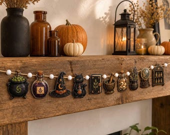 Wooden Witch Apothecary Halloween Garland with Potion and White Beads