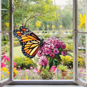 Monarch Butterfly Acrylic Window Hanging: Hydrangea Flowers Art