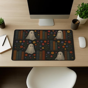Ghost Bookshelf Mouse Pad: Cottagecore Spooky Office Decor