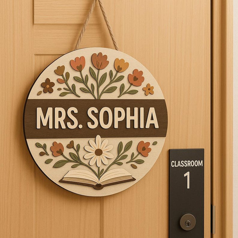May include: A round wooden sign with the text "MRS. SOPHIA" in white letters. The sign is decorated with floral and leaf designs in shades of orange, brown, and green. A rope is attached for hanging. The sign is hanging on a wooden door.