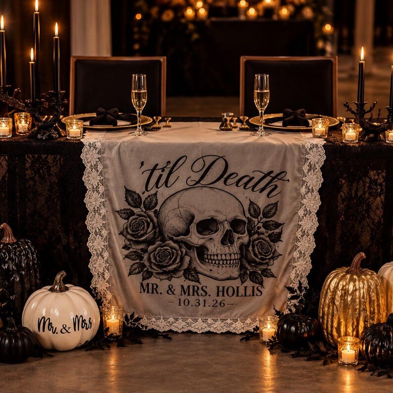 Custom Gothic Lace Table Sign, Skull Rose Wedding Reception Banner image 4
