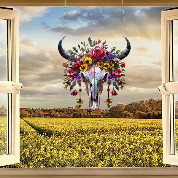 Floral Boho bull skull ACRYLIC window hanging, Cow skull Window Hangings, Skull gift, Western decoration, Bedroom decor, gift for wife