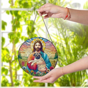 Jesus Holding Pug Glass Suncatcher, Pet Memorial Gift, Christian Dog Lover Decor, Rainbow Bridge Keepsake Window Ornament