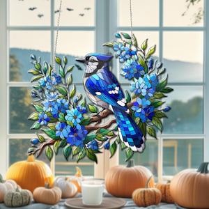 Blauwe gaai op takken ACRYL hangend raam, raamdecoratie, GEEN zonnevanger, cadeau liefhebbers Blue Jay, vogelnerd, decor Blue Jay