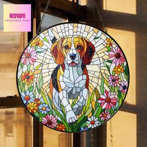May include: A stained glass window depicting a beagle dog running through a field of colourful flowers. The dog is brown, black and white, and the flowers are pink, purple, yellow and green.