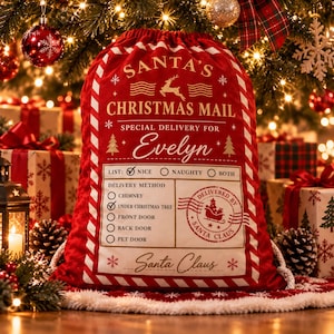 May include: A red fabric Christmas gift sack with white striped borders, featuring gold text reading SANTA'S CHRISTMAS MAIL, SPECIAL DELIVERY FOR Evelyn, and a checklist with boxes for Nice, Naughty, or Both, plus a Santa Claus signature.