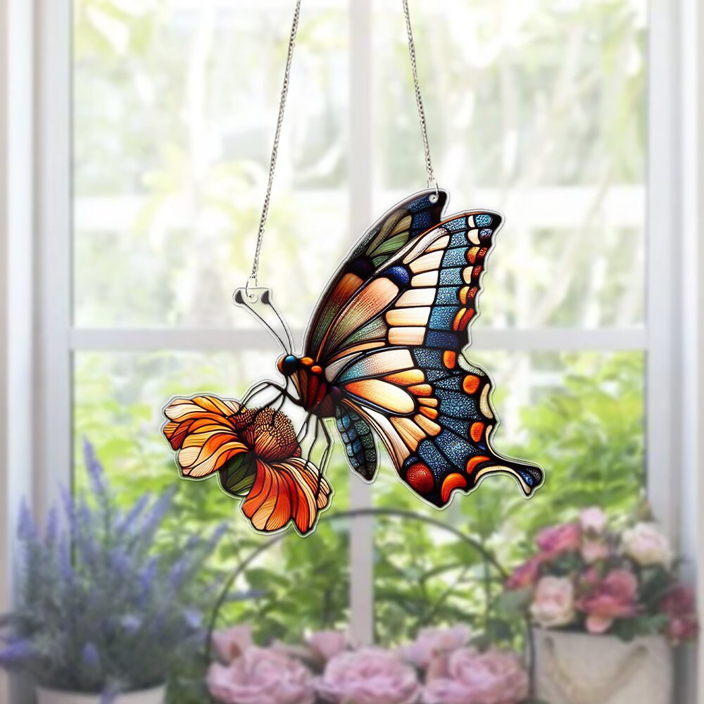 HOTIYOK Lage Sunflowe Buttefly Acylic Window Hangings