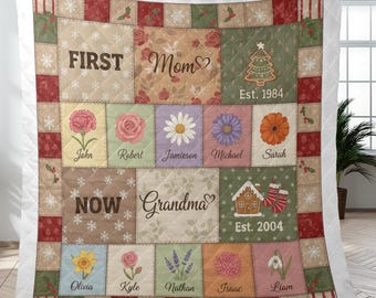 Personalisierte Mutter zu Oma Quilt - Benutzerdefinierte Familienname Blumendecke Geschenk