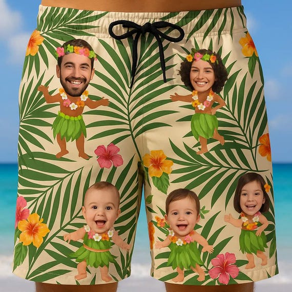 Custom Face Hawaiian Unisex Shorts, Funny Personalized Family Hula