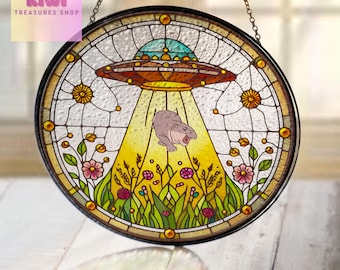 Atrapasueños de cristal con forma de hipopótamo y abducción OVNI: divertido adorno para ventana