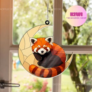Red Panda Sleeping On Crescent Moon Acrylic Window Hanging, Whimsical Decor for Nurseries, Unique Gift for Red Panda Lovers, for Kids Rooms