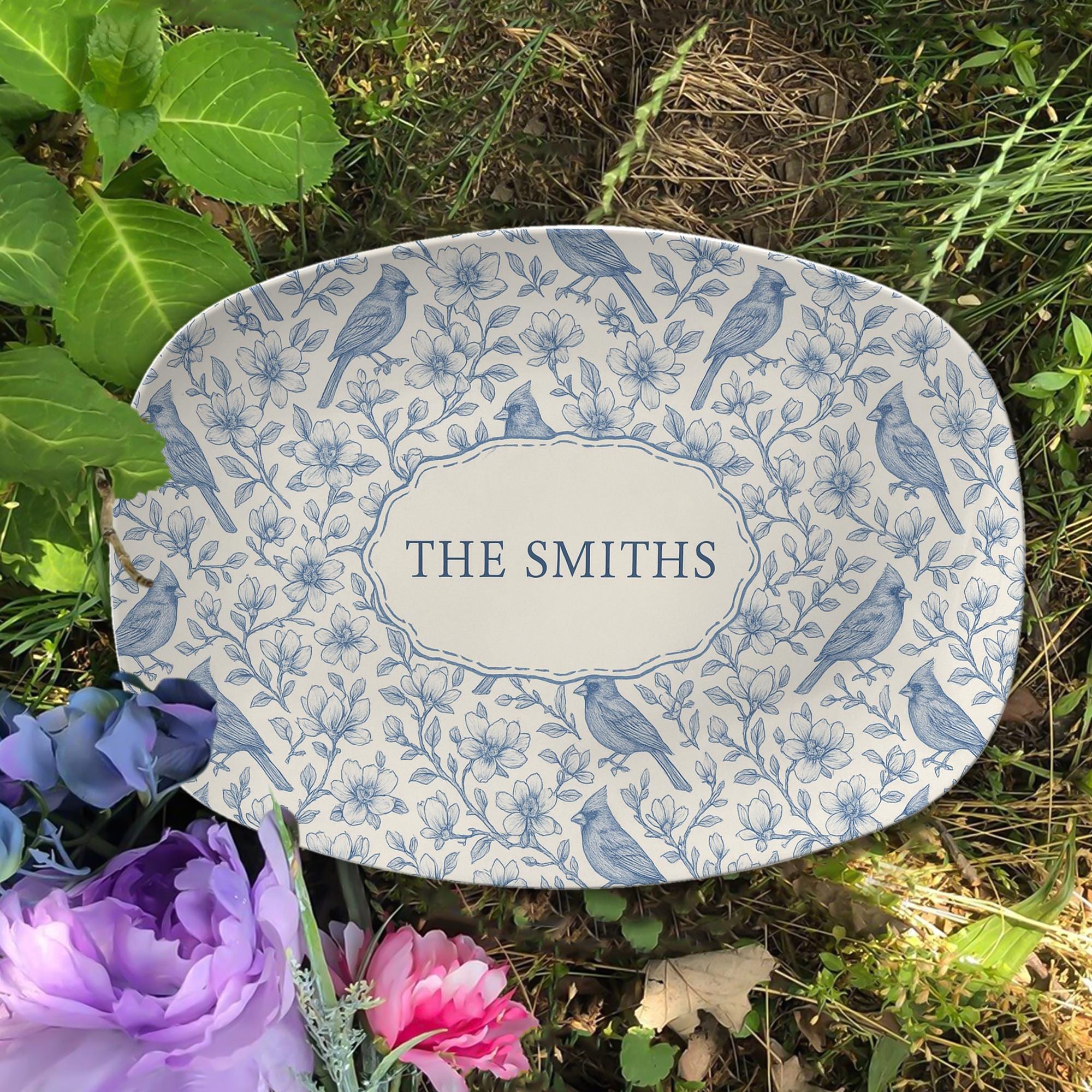 Custom Cardinal Magnolia Platter | Toile de Jouy style Family Name Plate | Personalized Bird Floral Dish | Elegant Cottagecore Home Gift