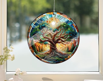 生命の樹ステンドグラス壁画 - 自宅＆オフィス用ウォールアート装飾