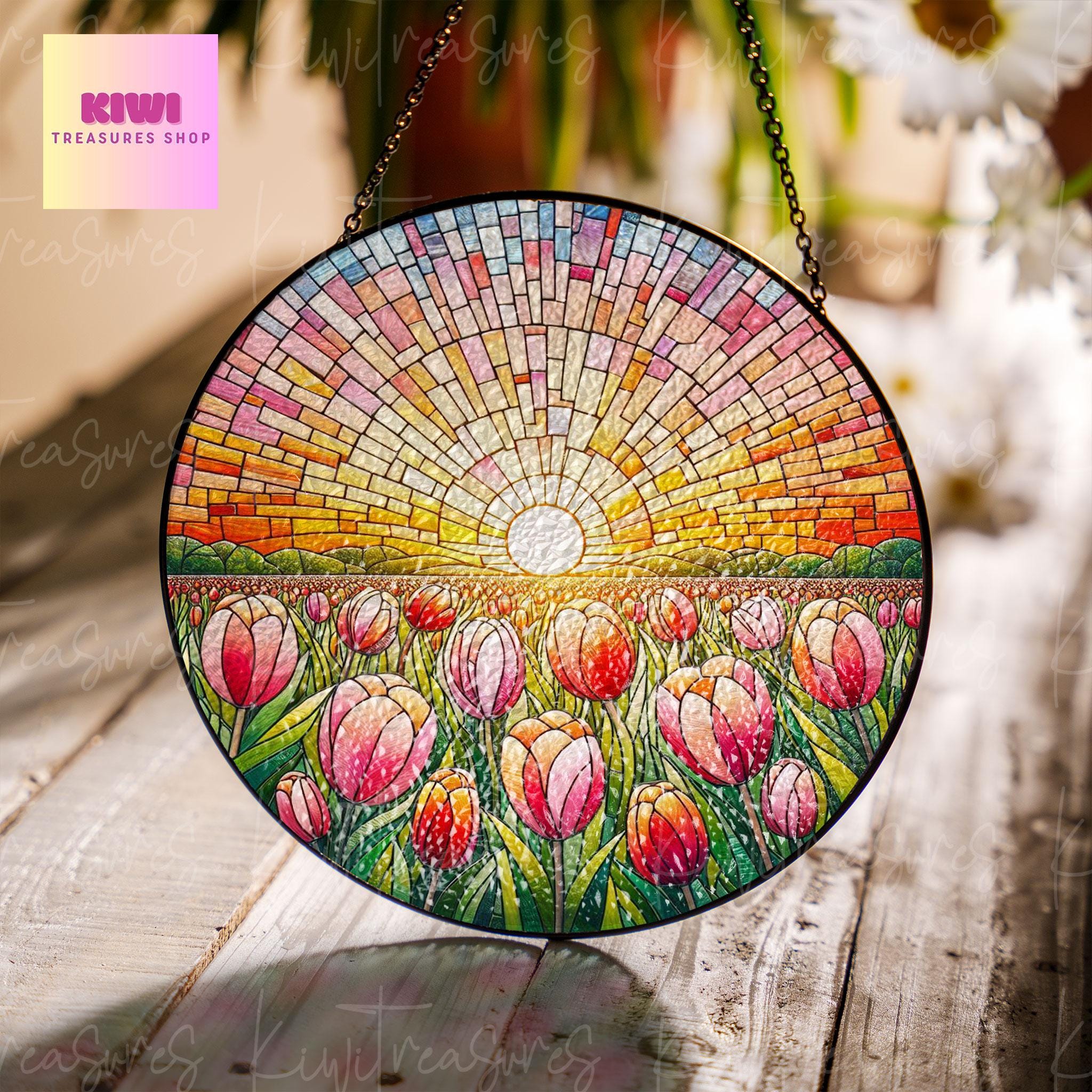 Tulip Flower GLASS Suncatcher Hanging, 11th Anniversary Flower glass, Window hanging, Tulip field lover gift, Mother's day gift 2025
