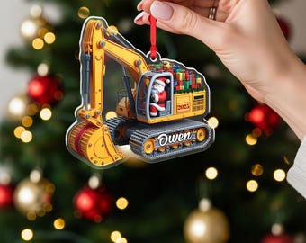 Enfeite de Natal personalizado com escavadeira: lembrança de construção plana 2D