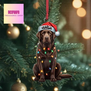 May include: A brown Labrador Retriever Christmas decoration wearing a Santa hat with the name "Charlie" and a string of colourful lights. The ornament hangs from a red ribbon against a blurred Christmas tree background.