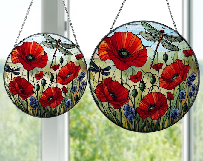 Poppy & Dragonfly Glass Suncatcher: Floral Window Decor