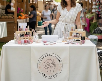 Custom Logo Table Runner for Craft Fairs | Natural Linen Business Banner for Market Booths | Personalized Pop Up Shop Decor