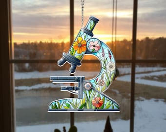 Floral Microscope Acrylic Window Hanging: Stained Glass Inspired Art
