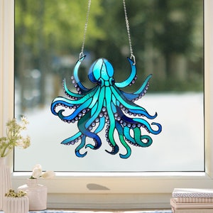 Blue Octopus ACRYLIC window hanging, Octopus Window Hangings, Sea Octopus gift, Mother's day gift, Faux Stained Glass, not suncatcher