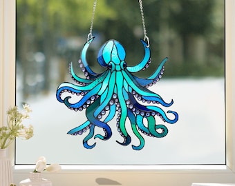 青いタコのアクリル窓飾り：フェイクステンドグラス風装飾 - Etsy 日本