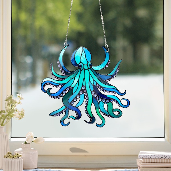 Blue Octopus Acrylic Window Hanging: Faux Stained Glass Decor