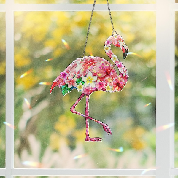 Floral Flamingo Suncatcher: Holographic Acrylic Window Decor