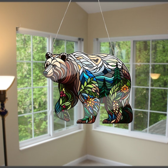 Grizzly Bear Acrylic Window Hanging: Nature Art Home Decor