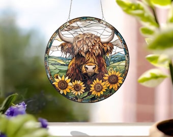 Sunflower Highland Cow Acrylic Window Hanging: Farmhouse Decor