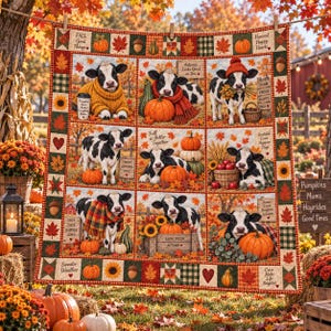 Op de afbeelding: Een quilt met een raster van negen panelen met zwart-witte kalfjes in herfstachtige omgevingen met pompoenen, zonnebloemen en herfstbladeren. De tekst bevat Fall Good Things, Autumn Looks Good on You en Sweater Weather.