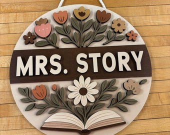 Custom Teacher Door Sign: Floral Classroom Decor, Personalized Wood Name Sign