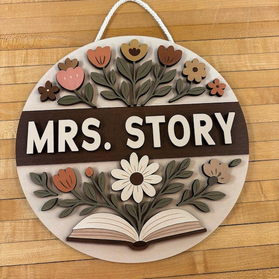 Custom Teacher Door Sign: Floral Classroom Decor, Personalized Wood Name Sign