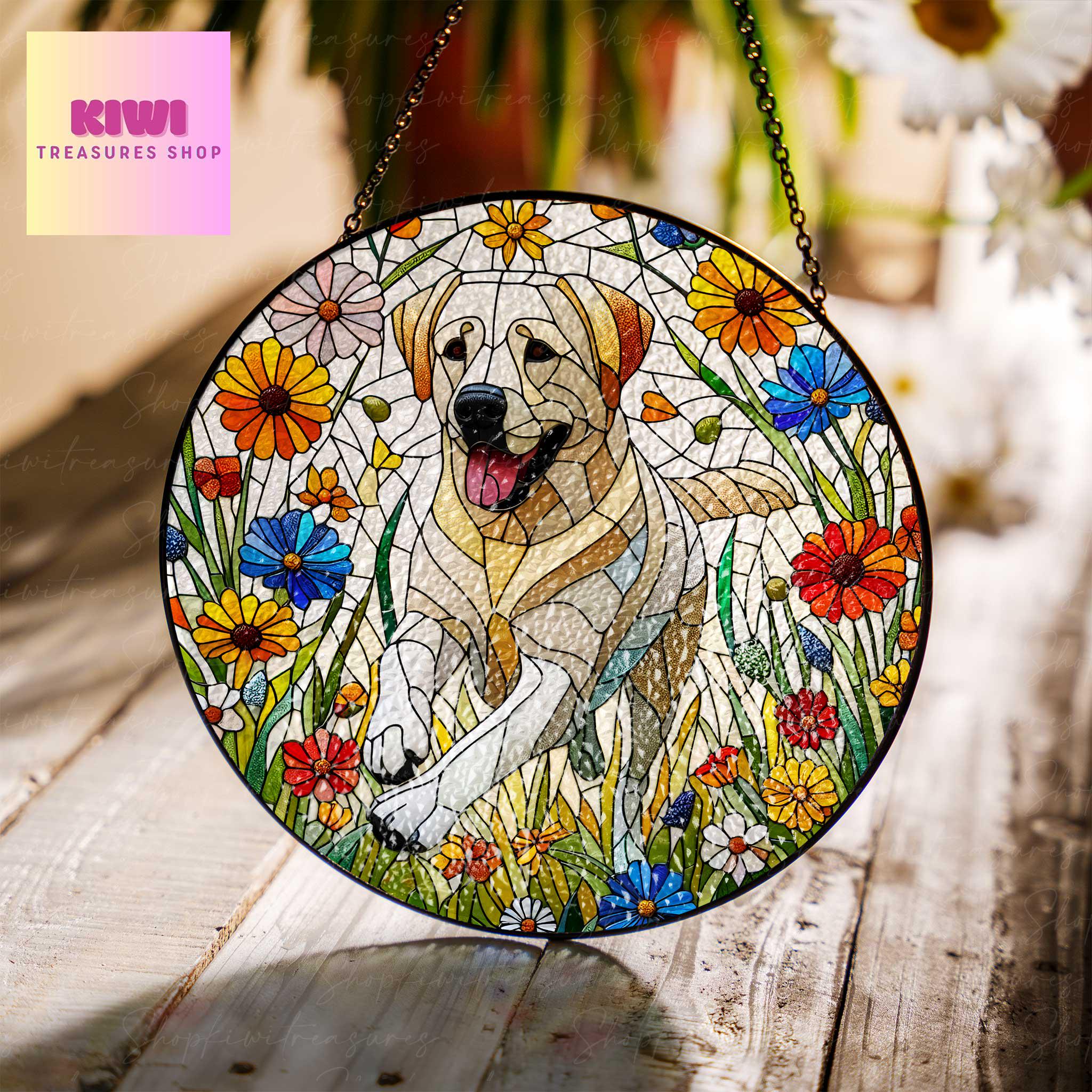 ラブラドールレトリバーのガラス製サンキャッチャー：野花の犬の窓飾り