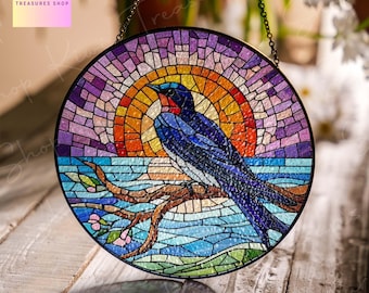 Purple Martin Bird Suncatcher: Sunset Landscape Glass Hanging