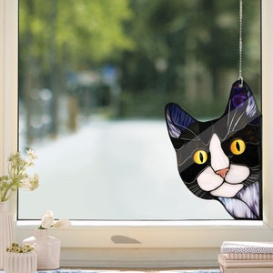 かわいいタキシード猫が覗くアクリル窓吊り下げ、猫ママへのギフト、サンキャッチャーではありません、母の日ギフト、こっそり猫、タキシード猫愛好家へのギフト