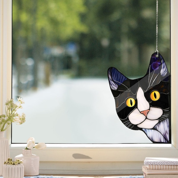 Cute tuxedo cat peeking FAUX Stained Glass, Acrylic Window Hanging, Cat Mom gift, stained glass inspired, Mother's day gift, sneaking cat