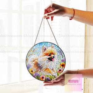 Pomeranian Wildflowers Glass Suncatcher: Dog Window Hanging