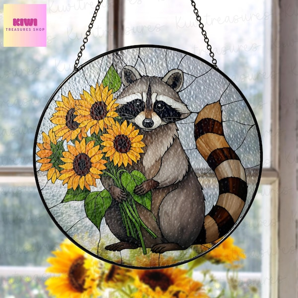 Raccoon and Sunflower Glass Suncatcher: Whimsical Window Decor
